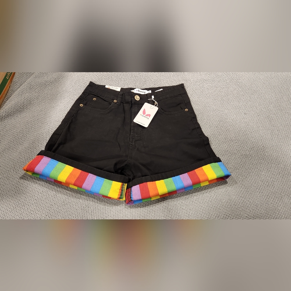High Waist Black Shorts with Rainbow Trim